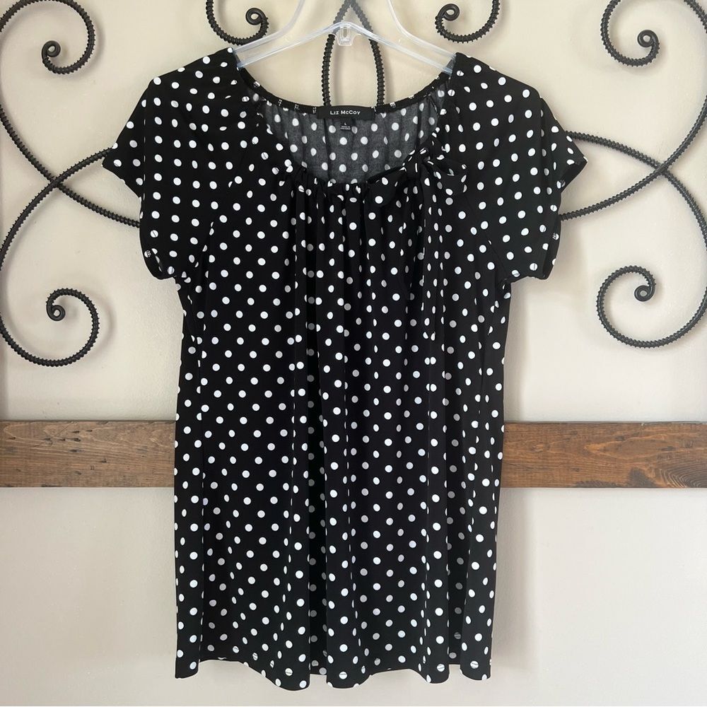 Liz McCoy Round Neck Bow Tie Cap Sleeve Polka Dot Black White Blouse